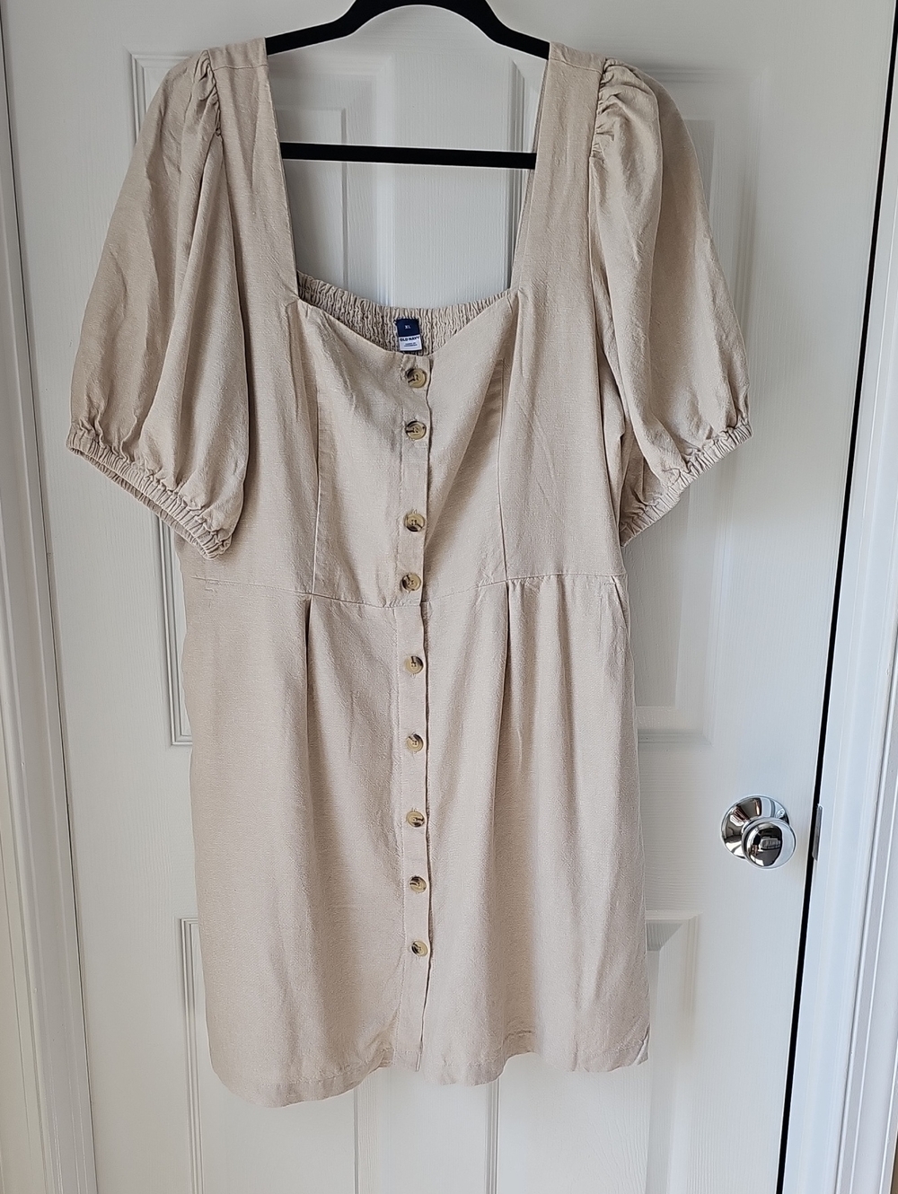 Old Navy Beige Button-Front Puff Sleeve Mini Dress